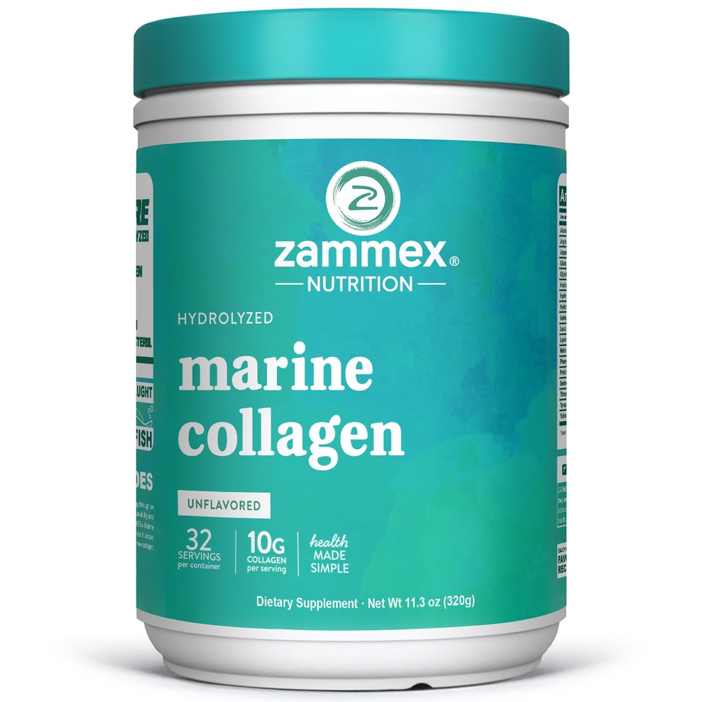 Zammex Marine Collagen Peptides Powder Unflavored, Wild-Caught Fish Collagen Powder, 건강한 피부, 헤어, 관절, 유형 1 & 3 여성을위한 콜라겐 보충 - 믹스하기 쉬운. (32 서빙)