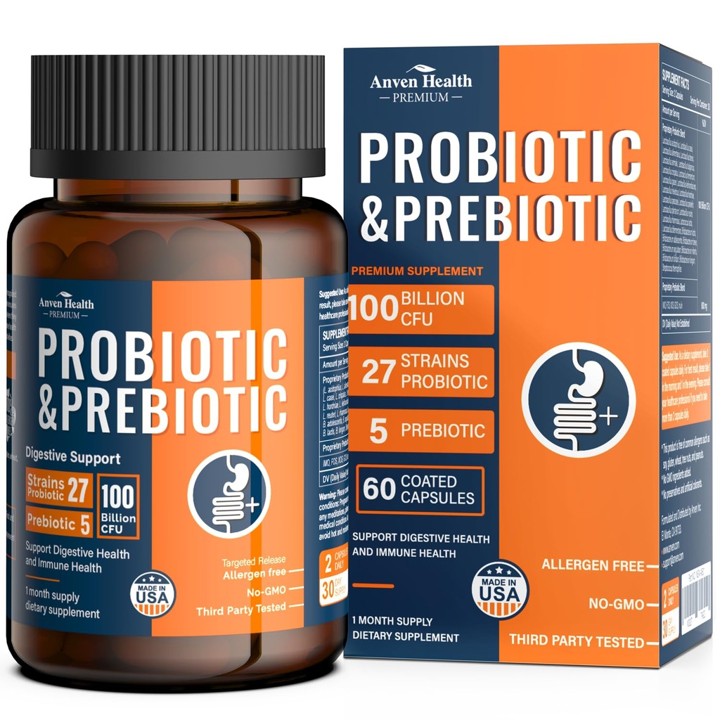 남성과 여성을위한 100 억 Probiotics 27 Strains 5 유기 Prebiotics Gut Digestive & Immune Health, Diarrhea Gas Bloating, Non-GMO, Zero Fillers - 미국에서 만든 丨 60 캡