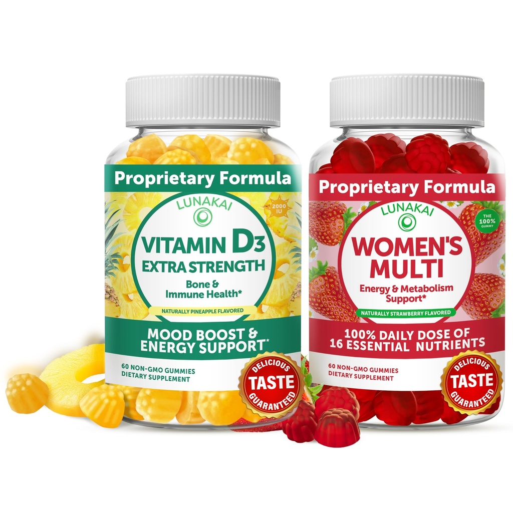 Lunakai Vitamin D3 Gummies와 Women's Multivitamin Gummies 번들 - 면역, 뼈 및 무드 지원 보충 - 100 % 매일 값 16 필수 비타민과 미네랄 건강한 거미 - 30 일 공급