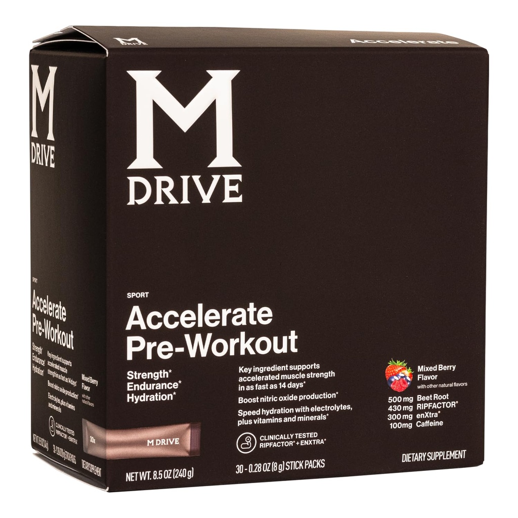 Mdrive 가속 사전 운동 분말, 단일 서빙 패킷, 혼합 Berry, 30 카운트 (Stimulant, 혼합 Berry)