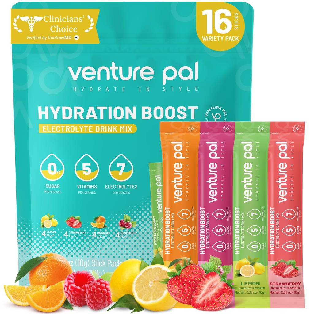 벤처 Pal Sugar Free Electrolyte Powder Packets - Rapid Hydration & Party Recovery 용 액체 일일 IV 음료 믹스 | 5 비타민 & 7 일 전동| Keto Friendly | Non-GMO | 인증 Vegan | 16 스틱