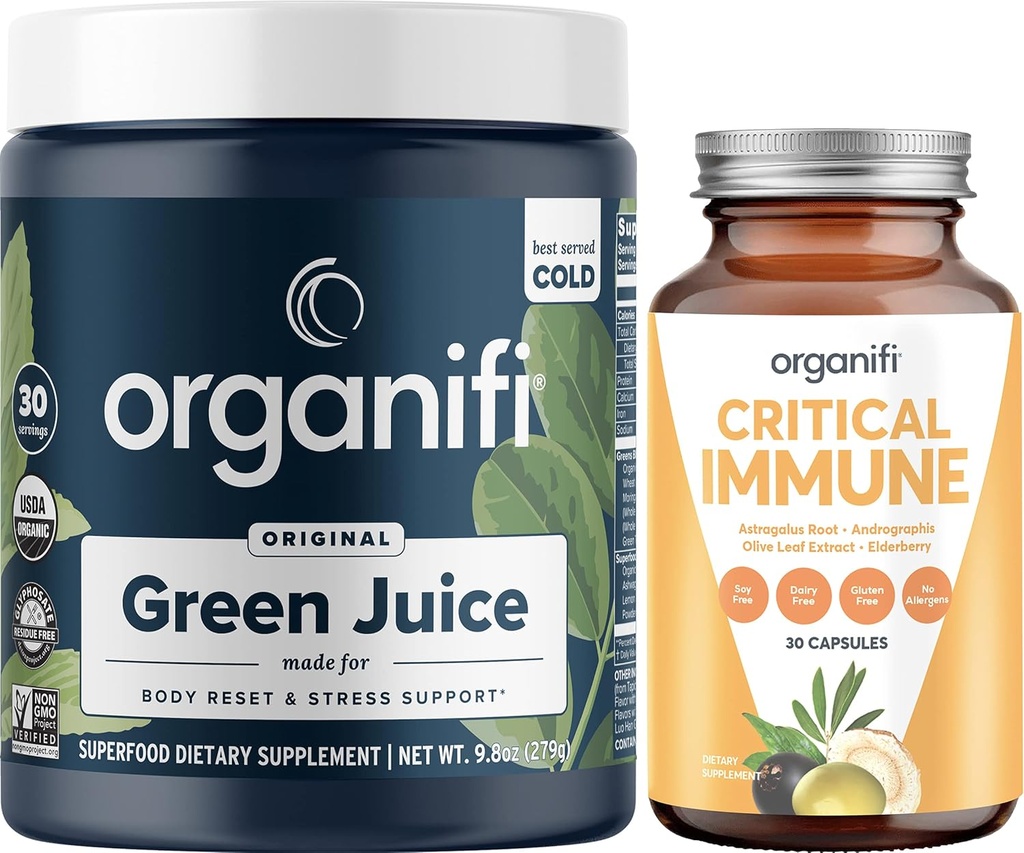 Organifi 녹색 주스 Superfood 분말 (30의 서빙) 및 긴요한 Immune (30의 캡슐) - 비타민 C, 무게 통제, Detox Cleanse, 긴장 기복 및 Immunity 지원 - 글루텐, 채식주의자, 전체적인 음식