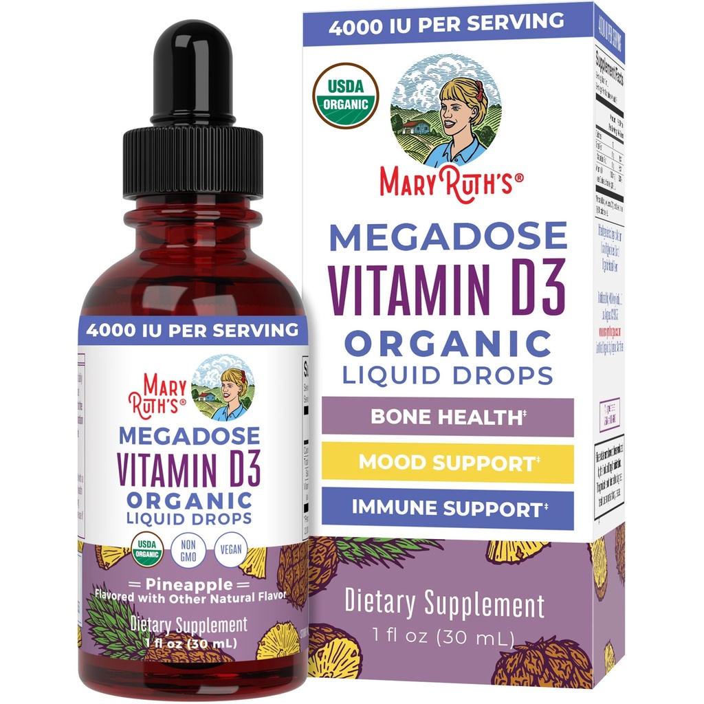MARYRUTH'S Vitamin D3 Liquid Drop | Megadose 4000 IU | 성인 및 어린이용 유기농 액체 비타민 D 스프레이 | 면역 지원 및 뼈 건강 | Vegan | 글루텐 프리 | 비 GMO | 30 인분