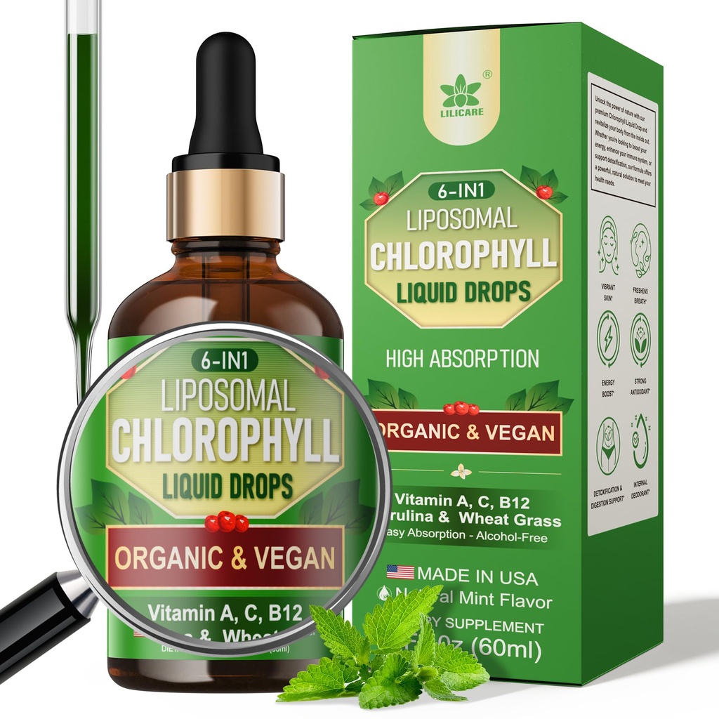 여성 & 남자를 위한 유기 Chlorophyll 액체 하락 Liposomal, 6에서 1 녹색 Superfood Vegan Chlorophyll w/Spirulina, Wheat 잔디, 내부 Deodorant*, 에너지, 소화, 1Packs/2 Fl Oz