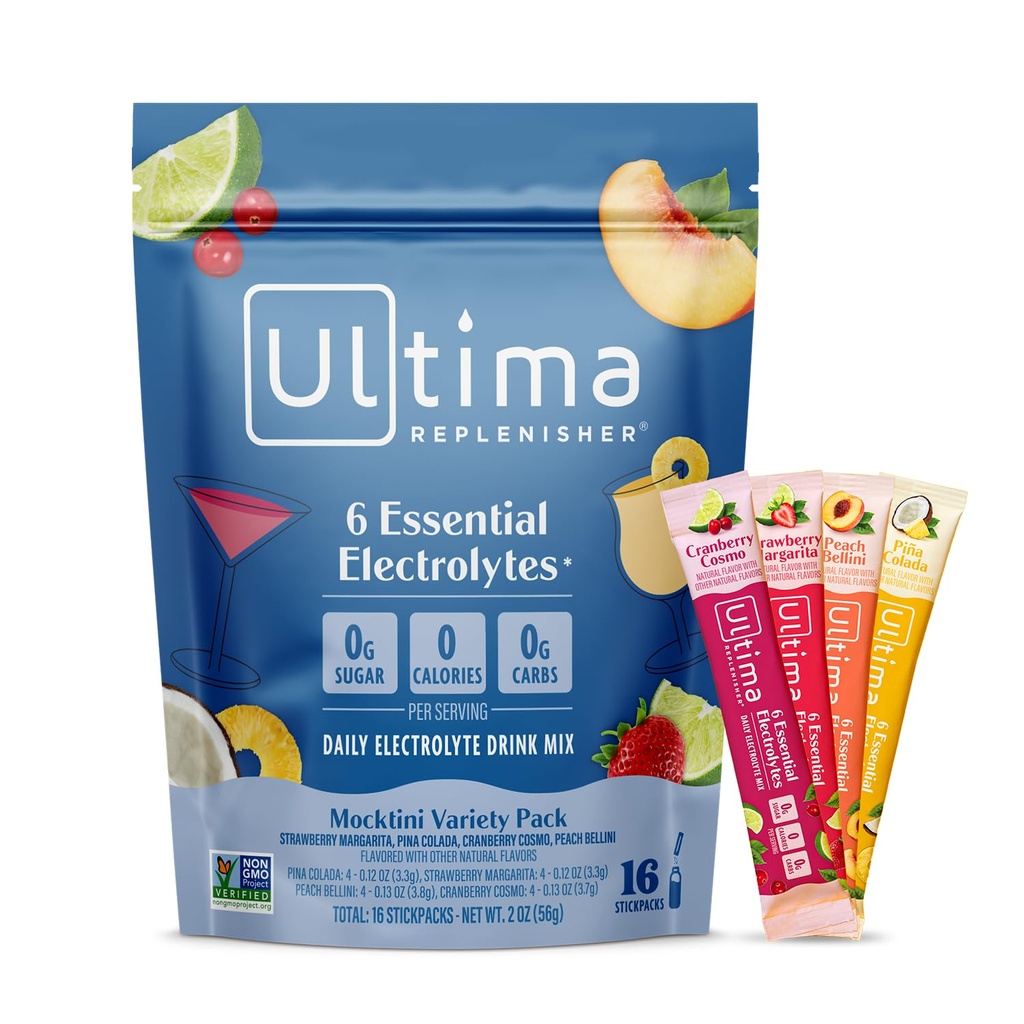 Ultima Replenisher Daily Electrolyte Powder Drink Mix – Sugar Free – Mocktini Variety, 16 Stickpacks – 6 Key Electrolytes 및 Trace Minerals – Keto Friendly, Non-GMO를 사용한 하이드로션 패킷