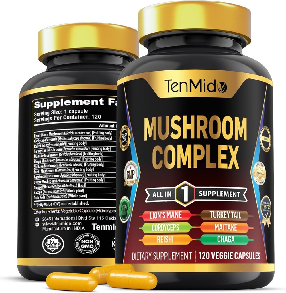 버섯 Complex 보충교재 - 13in1 공식 - 혼합 사자 Mane 버섯, Cordyceps Sinensis, Reishi, 터키 꼬리, Maitake, Chaga, Shiitake, Enoki, & 더 - 4 달 공급을 위한 120의 캡슐