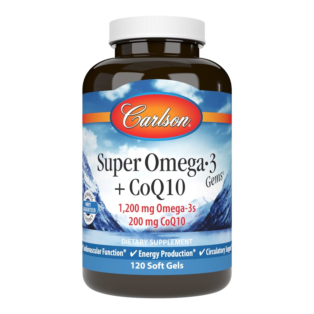 Carlson - 최고 Omega-3 주옥 + CoQ10, 1200 mg Omega-3s 200 mg CoQ10의 순환 기능, 에너지 생산 & 순환 지원, 120 Softgels