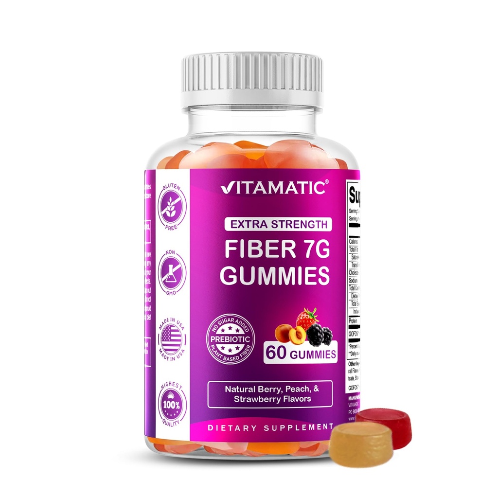 성인을위한 Vitamatic Prebiotic 섬유 Gummies - 서빙 당 7g 섬유 - 60 Pectin 기반 Gummies Extra Strength, Zero Sugar 추가 - 소화 건강 및 일반 지원 - Non-GMO, Vegan, 글루텐 - 무료
