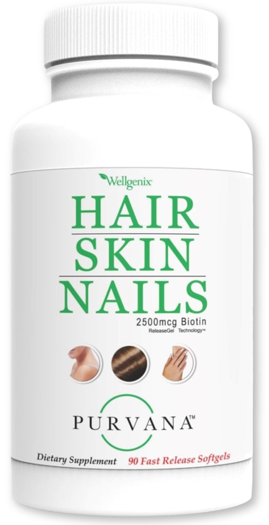 Wellgenix Purvana 머리, 피부, 손톱 - 일 Softgel - 2500mcg Biotin, DMAE, MSM, 말 꼬리, 포도씨 추출물 - 노화 방지, PCOS & Postpartum 머리 성장, 강한 못 (90 조사)