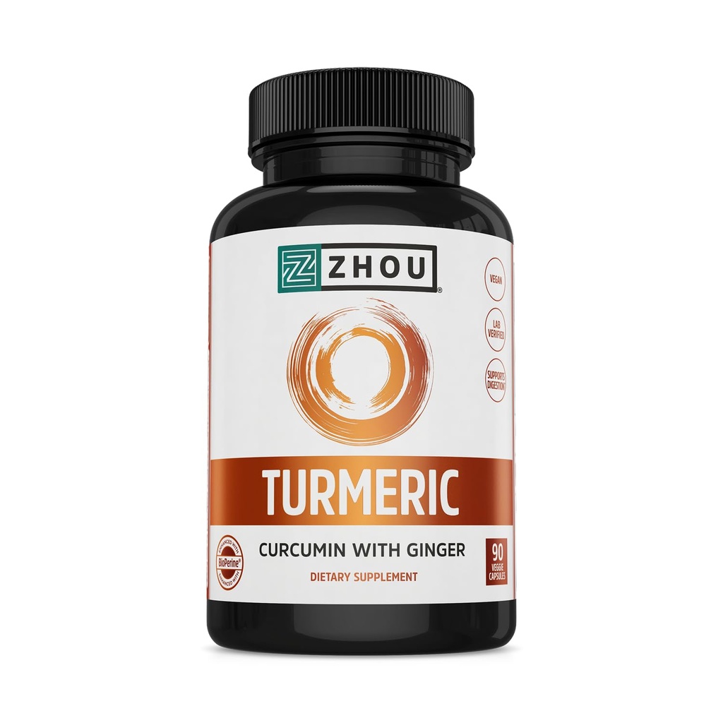 Ginger가있는 Zhou Turmeric Curcumin - 여성 및 남성을위한 Turmeric 및 Ginger Supplement, Digestion 및 Digestive Health 용 Black Pepper Extract와 Curcuminoids - 90 Veggie 캡슐