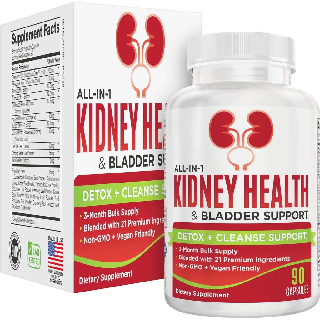 Kidney & Bladder (3-Month) 건강 지원 보충교재 | 21의 활동적인 성분을 가진 모든 in-1 Urinary Tract 보충교재 | Kidney Cleanse Detox 지원 Nutrients | 90일 대량 공급 | 90의 캡슐