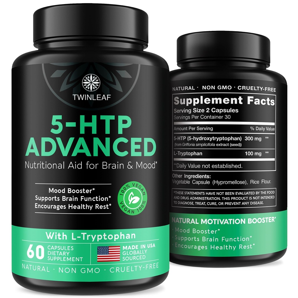 TWINLEAF 5 HTP 보충 - 미국에서 만든 - 자연 5-HTP & L-tryptophan 캡슐 - 남성 및 여성을위한 5-HTP 부스터 - Mood 및 Relaxation을위한 Proprietary 공식 - 60 Vegan 캡슐