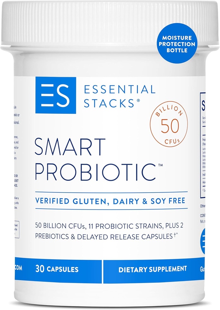 Essential Stacks Smart Probiotic - 50 억 CFUs, 11 Probiotic Strains, 2 Prebiotics, Delayed Release Capsules - 여성 및 남성 (30 캡슐)을위한 일일 프로바이오틱 프리 바이오 틱