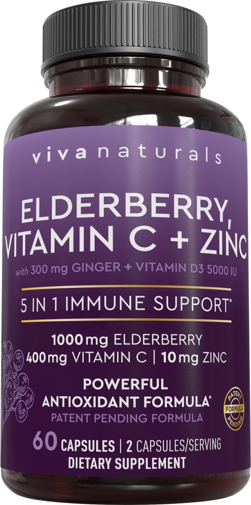 Viva Naturals Black Elderberry with Vitamin C and Zinc for Adults (60 카운트) - Sambucus Elderberry Immune Support Supplement, 성인용 블랙 Elderberry 캡슐, 여성용 Elderberry 보조 식품
