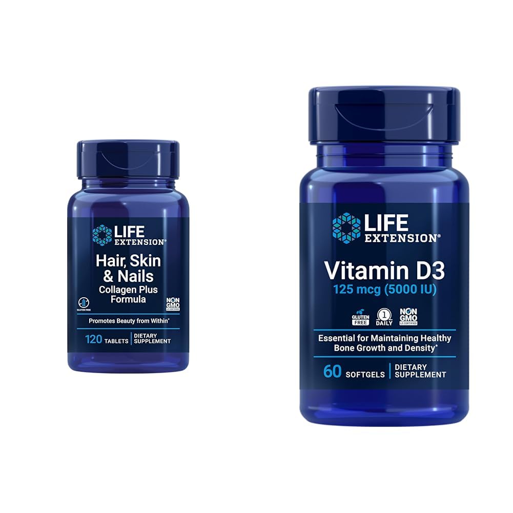 Life Extension Hair, Skin & Nails Collagen Plus Formula with Vitamin D3 5000 IU - Collagen, Keratin, Bone, Brain, Immune & Nail Health 홍보 - 120 조사 및 60 Softgels