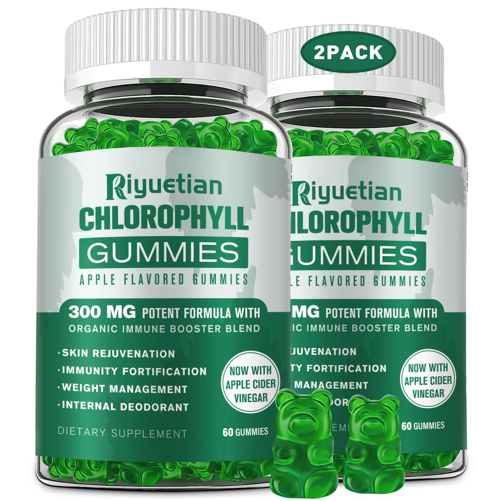 설탕 자유로운 Chlorophyll Gummies - Unfiltered ACV & 비타민 C와 더불어, B12 - 에너지 부스트, Immune & 소화 지원, 자연적인 탈취제, 피부 관리 - Vegan, 비 GMO - 120 Gummies