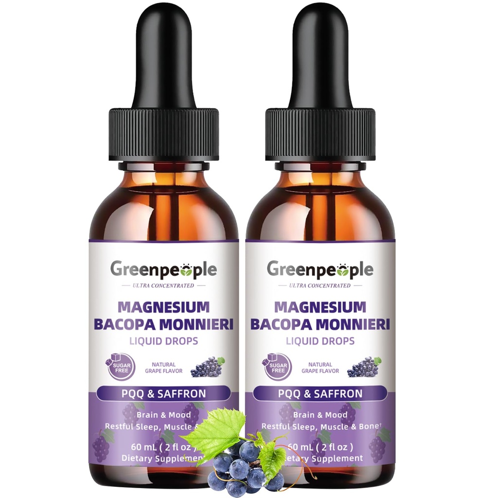 GREENPEOPLE 마그네슘 글리세린 액체 하락 - D3/K2/B6를 가진 잠을 위한 1000mg 5-in-1 높은 흡수 액체 마그네슘 | 빠르 행동, 뼈, 근육 & 잠 | 설탕 자유로운 포도 풍미, 2fl Oz 2 팩