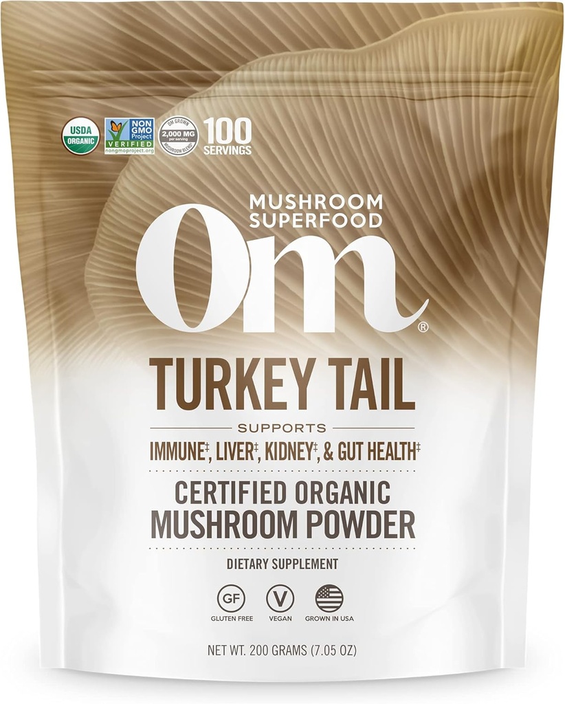 Om 버섯 Superfood 터키 꼬리 유기 버섯 분말 주머니, 7.05 Ounce의 100개의 서빙, Immune 지원, Polysacchrides, beta 포도당, Gut 건강 & Holistic 방위 버섯 보충교재