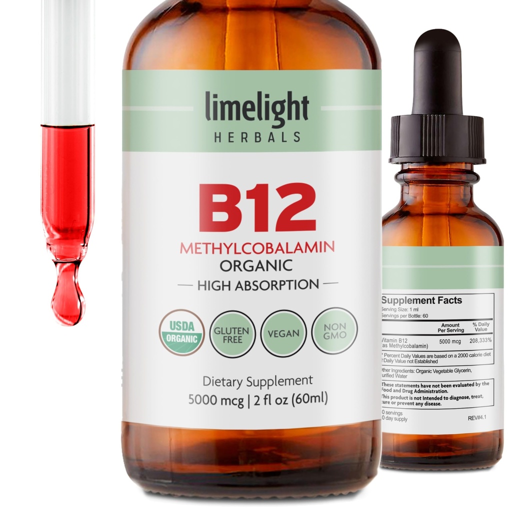 USDA 유기 비타민 B12 액체 낙하 – 5000 mcg Methylcobalamin – 하위 언어, 빠른 흡수 채식 보충교재 – 에너지, 대사, 뇌, 심장 & 면역 지원 – 알콜 자유로운, 60의 서빙, 미국 만드는