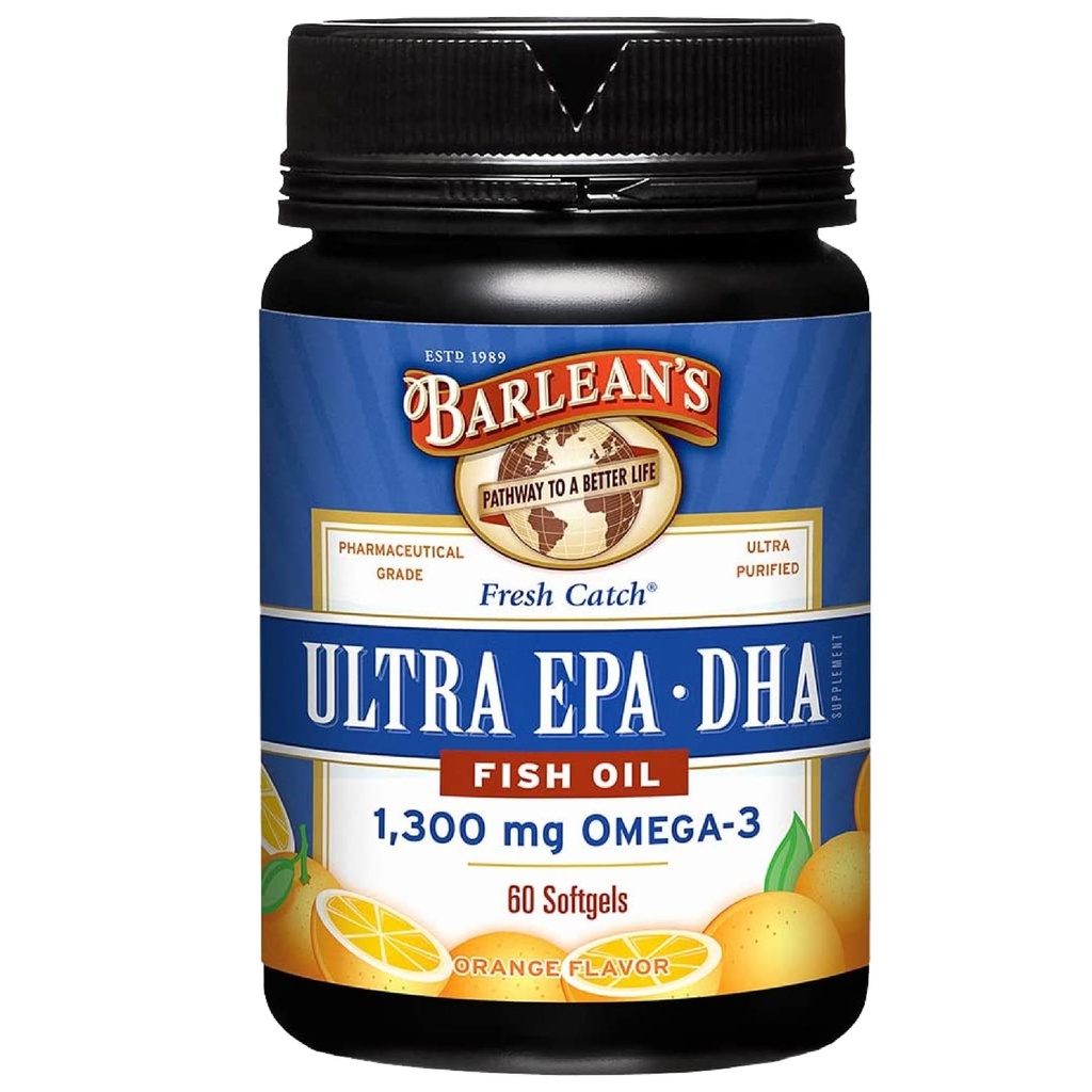 Barlean's Omega 3 물고기 기름 보충교재, 남자와 여자를 위한 보충교재 Softgels, 1300 mg Ultra EPA 및 DHA 지방산, 주황색 맛있은, 60 조사