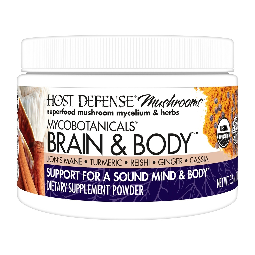 Host Defense MycoBotanicals Brain & Body* Powder - Lion 's Mane & Reishi Mushroom과 소화 및 면역 지원 보충 - Memory & Focus - 3.5 oz (33 서빙) *