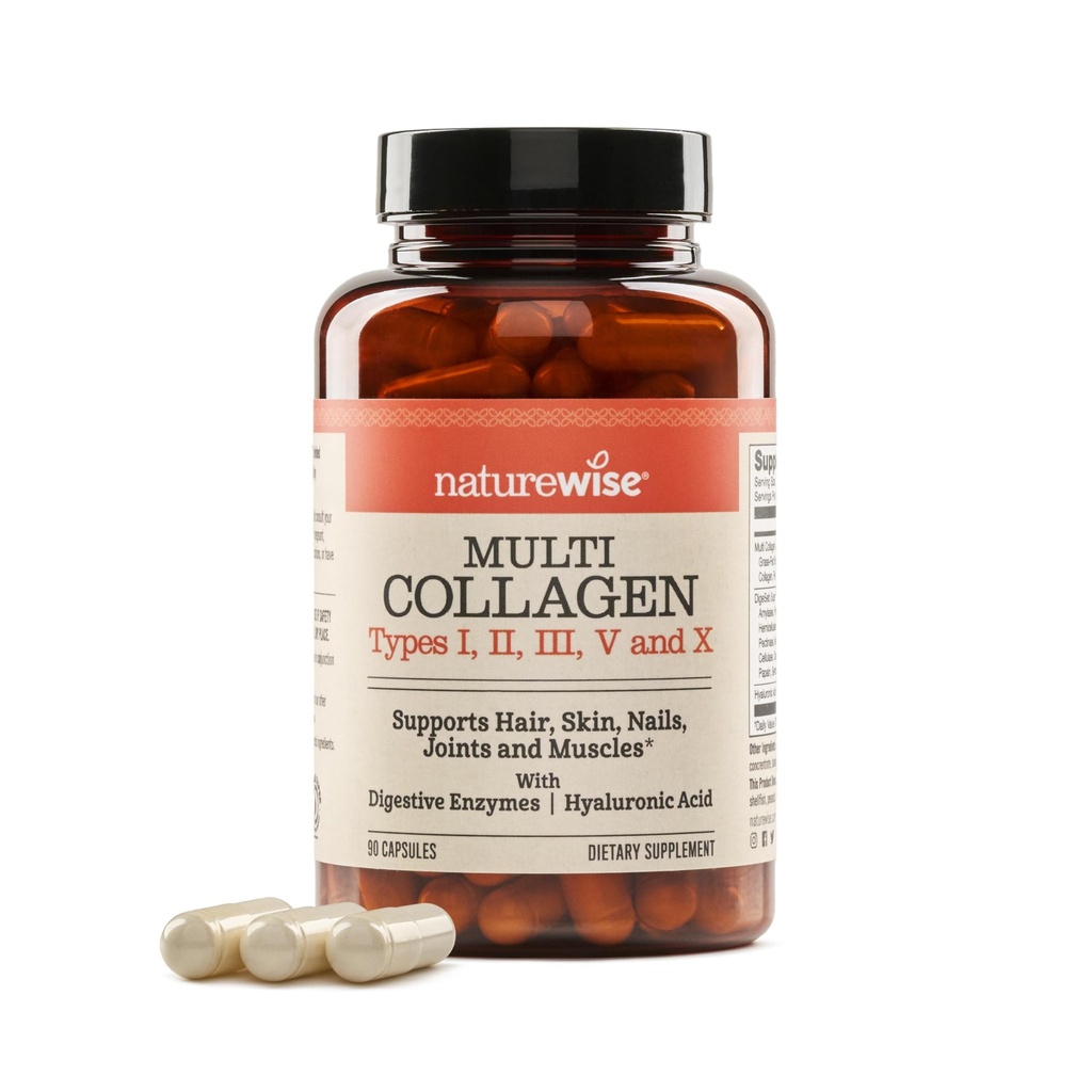 NatureWise Multi Collagen Peptides Pills for Women & Men - 유형 I, II, III, V, X w/Hyaluronic Acid - 피부, 헤어, 관절 건강 * 지원 - 잔디 Fed, 글루텐 프리, 비 GMO - 90 캡슐 [30 일 공급]