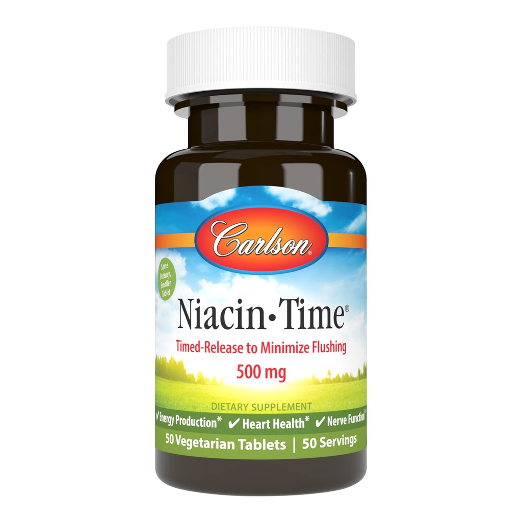 Carlson - Niacin-Time, Time-Release, 500 mg, 비타민 B-3, 콜레스테롤 대사, 에너지 생산, 심장 건강, 50 정제