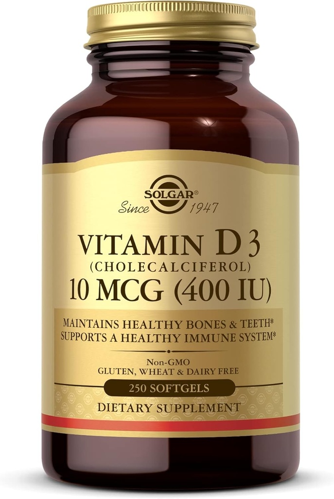 Solgar 비타민 D3 (Cholecalciferol) 10 MCG (400 IU), 250 Softgels - 건강한 뼈 & 치아 유지 - 면역 체계 지원 - 비 GMO, 글루텐 무료, 낙농장 무료 - 250 서빙
