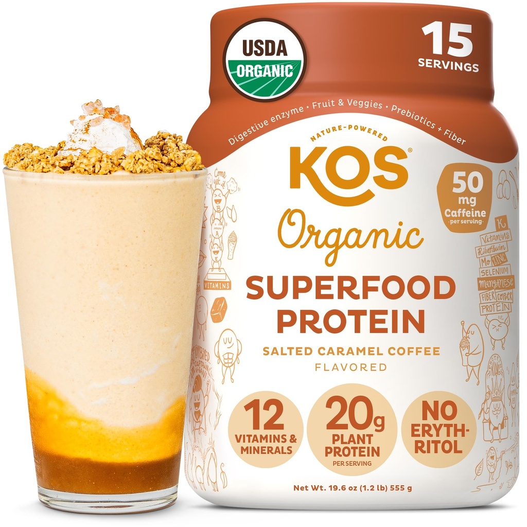 KOS Vegan Protein Powder, Salted Caramel Coffee - 낮은 Carb Pea Protein Blend, 비타민 및 미네랄의 유기농 공장 Superfood Rich - Keto, Dairy Free - 여성 및 남성을위한 식사 교체 - 15 서빙