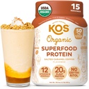 KOS Vegan Protein Powder, Salted Caramel Coffee - 낮은 Carb Pea Protein Blend, 비타민 및 미네랄의 유기농 공장 Superfood Rich - Keto, Dairy Free - 여성 및 남성을위한 식사 교체 - 15 서빙
