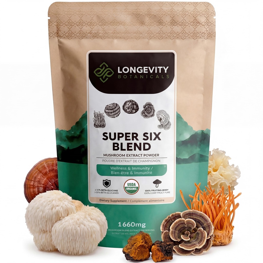 Longevity Botanicals Super Six Organic Mushroom Blend 100g | Reishi, Lion's Mane, Chaga, Cordyceps, Tremella & Turkey Tail | 추출물 분말 혼합 | 10:1 비율 | 100 % 과일 Bodies | 버섯 복합