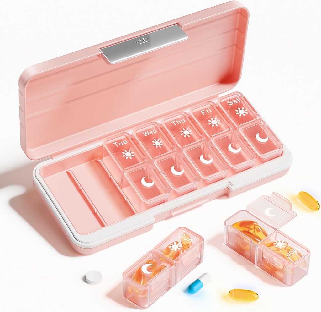 Betife AM PM Pill 주최자 2 Times A Day, 7 Day Pill Box Weekly Pill 주최자는 별도의 컨테이너와 함께 여행, 비타민, 생선 기름, 보충제를위한 휴대용 매일 의학 플래너 디스펜서 케이스