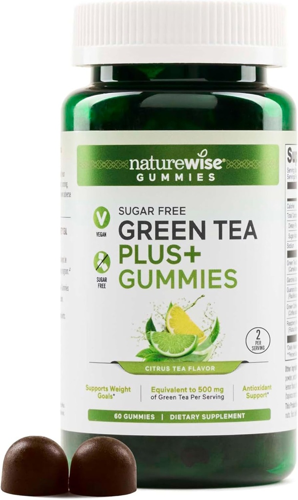 NatureWise Green Tea Gummies - Keto, Sugar Free - 여성 및 남성을위한 피트니스 목표 - 500mg Green Tea + Raspberry Ketones, Garcinia Cambogia - Vegan, 글루텐 없음 - 60 Count[1-Month Supply]