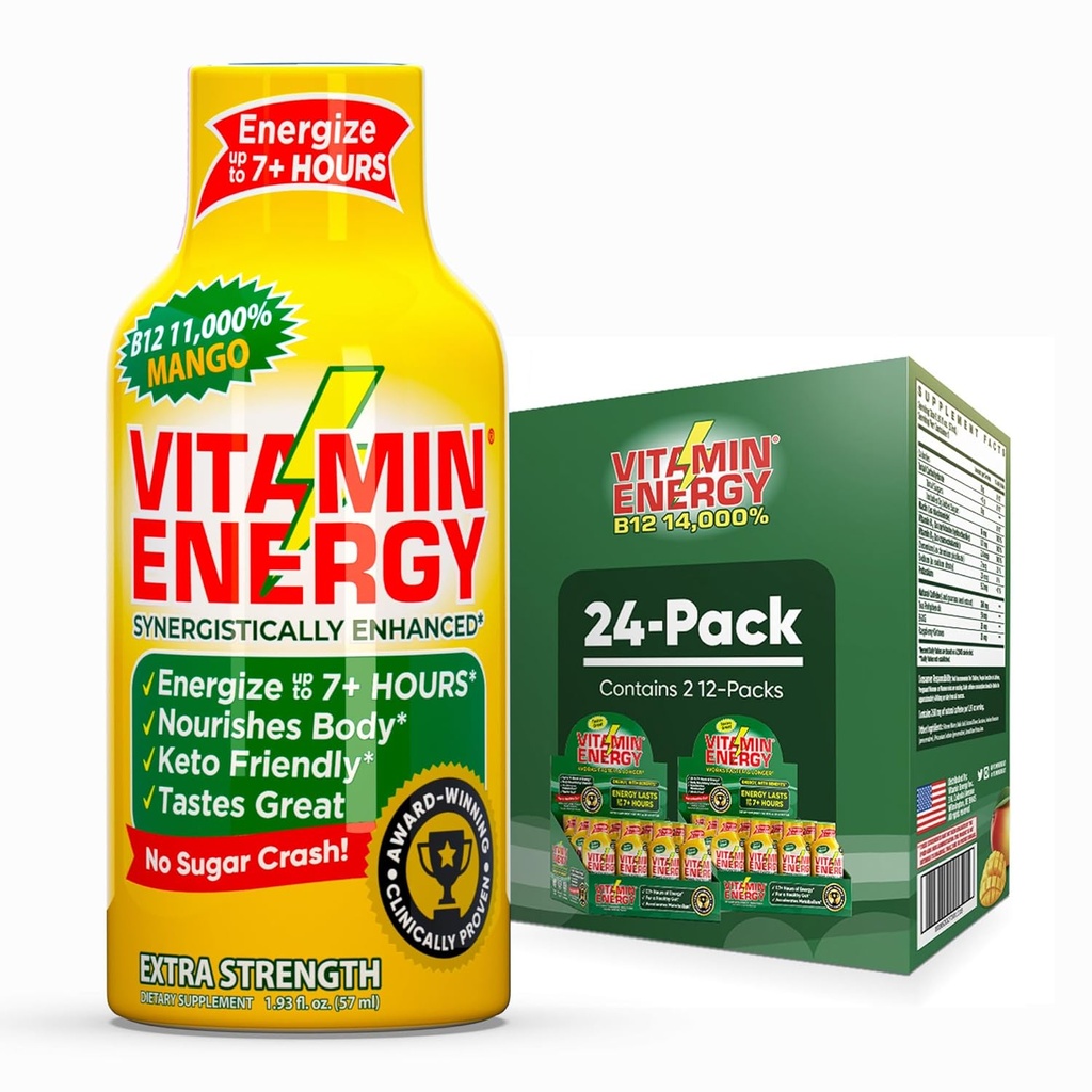 비타민 에너지 B12 11,000% 여분 힘 에너지 탄 망고 24 팩, 260mg 자연적인 카페인, B12 & B6, Nootropic 초점, 활력, 영 설탕, 글루텐 자유로운, Vegan, 고약, 1.93 fl oz