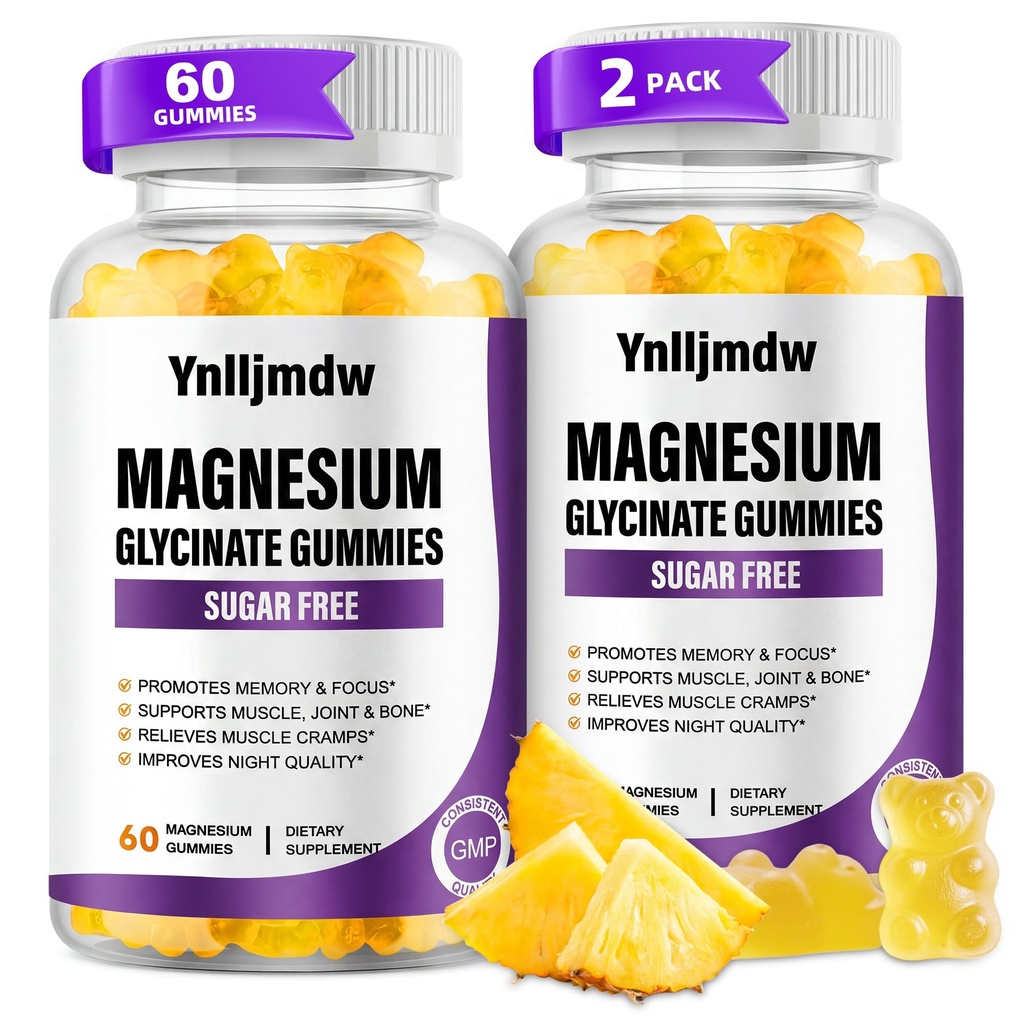 (2 팩) 마그네슘 글리세린 Gummies 500mg의 칼슘 & 비타민을 가진 높은 흡수 마그네슘 보충교재, 지원 뼈, 근육, 밤, 기억 & 계류, Vegan, 비 GMO, 60 조사, 파인애플 풍미