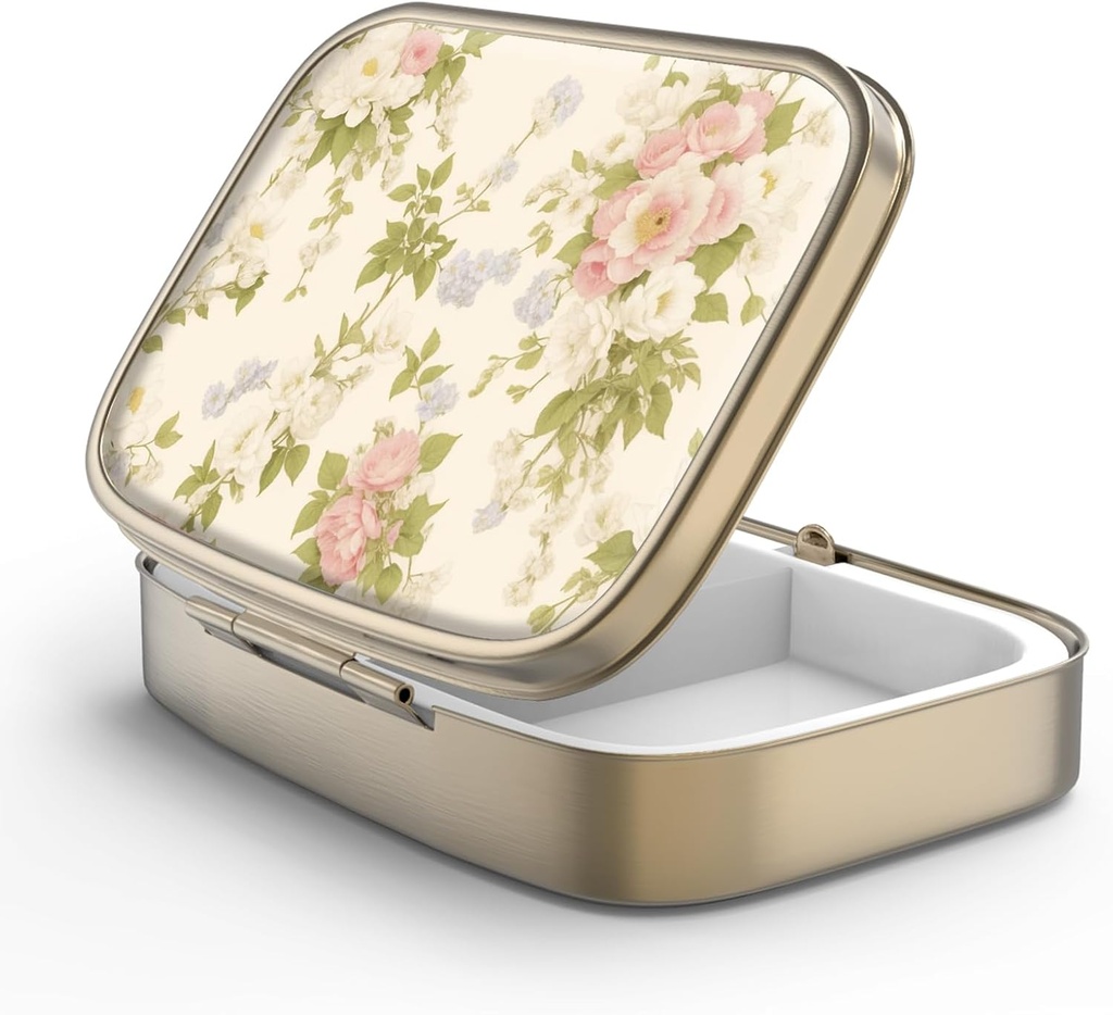Pill Case Pill Box with Mirror Retro 2 Compartment Purse 또는 포켓 청동 직사각형 알약 상자 또는 비타민, 생선 기름, 보충제, Pill Containe 여행 선물 (빈티지 꽃)