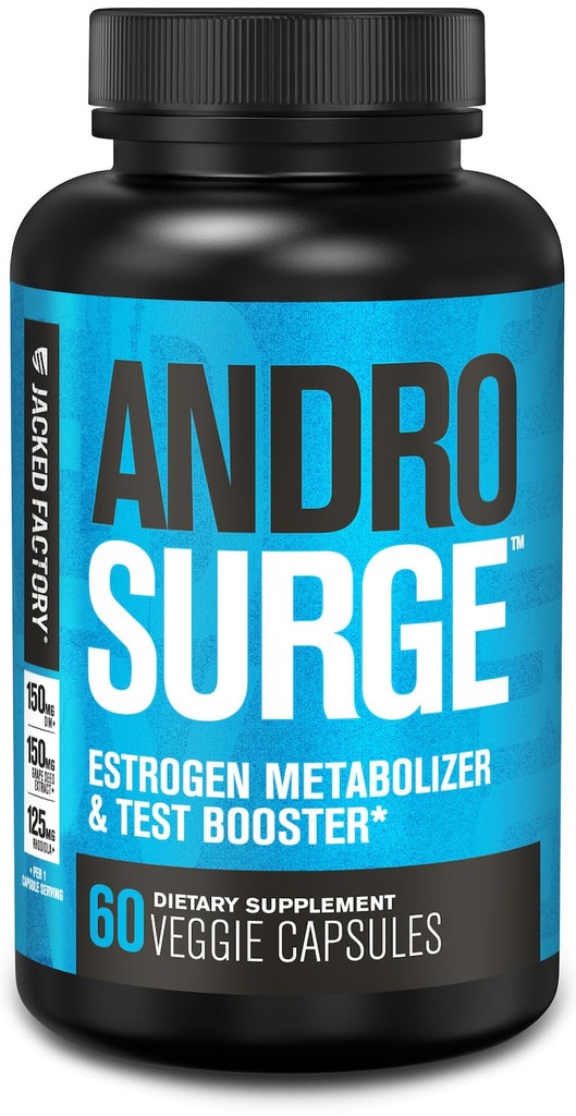 남성용 Jacked Factory Androsurge 에스트로겐 차단제 - Tongkat Ali, DIM, Long Jack & More - Test Booster & Muscle Builder - 60 카운트가있는 남성 및 에스트로겐 대사를위한 천연 테스토스테론 부스터