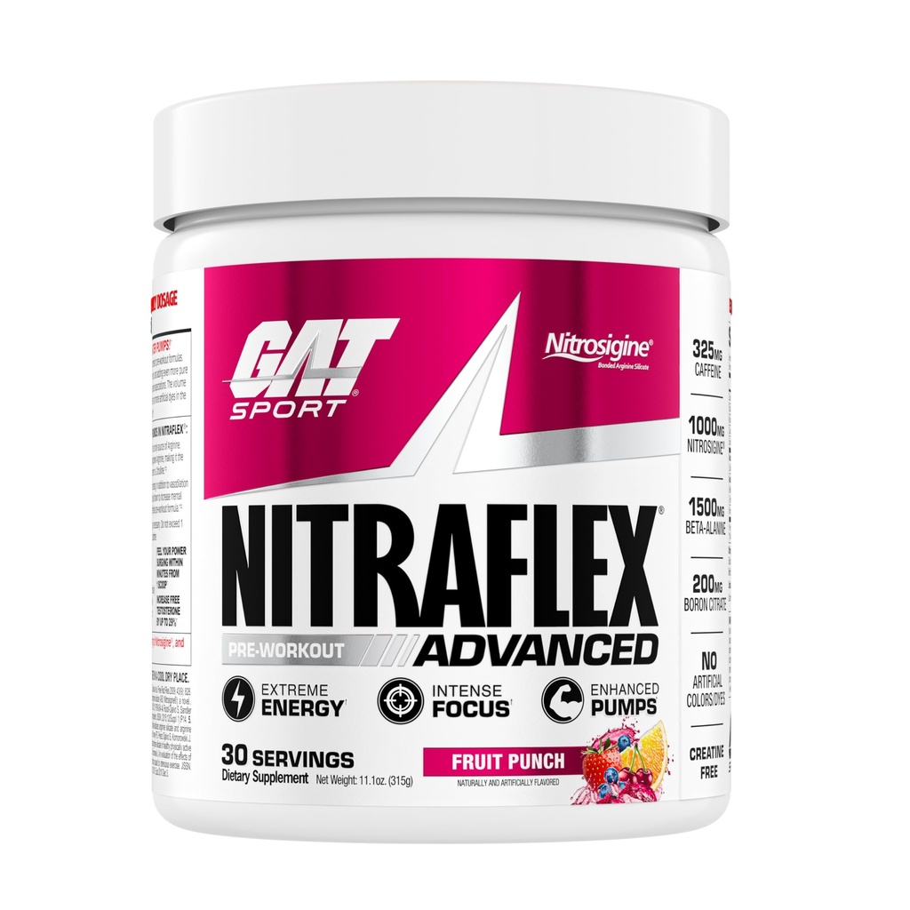 GAT SPORT Nitraflex Advanced Pre-Workout Powder, 혈액 흐름 증가, 부스트 힘과 에너지, 운동 성능 향상, 남성 & 여성 (Fruit Punch, 30 서빙)