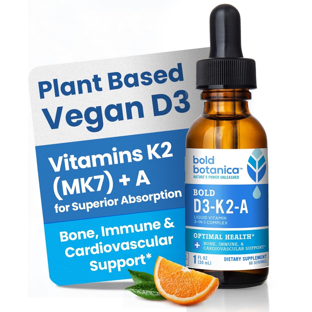 Bold Botanica D3-K2-A, 액체 비타민 복합체, 비타민 K2 (MK7)과 면역 지원, 자연적인 오렌지 맛, 맛 맛 맛, 1 FL OZ. (30mL)와 유기 조류에서 Vegan D3.