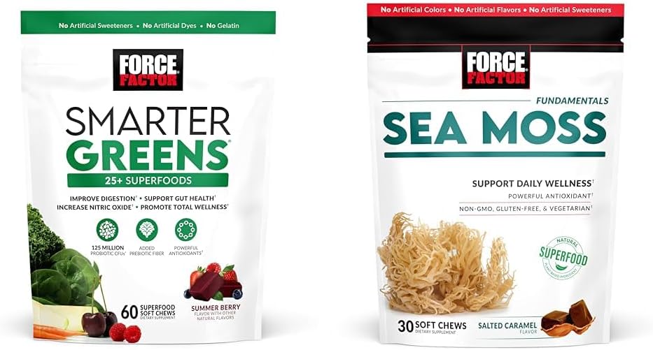 25+ Superfoods & Sea Moss Chews, 60 & 30 조사를 가진 FORCE FACTOR 녹색 Chews