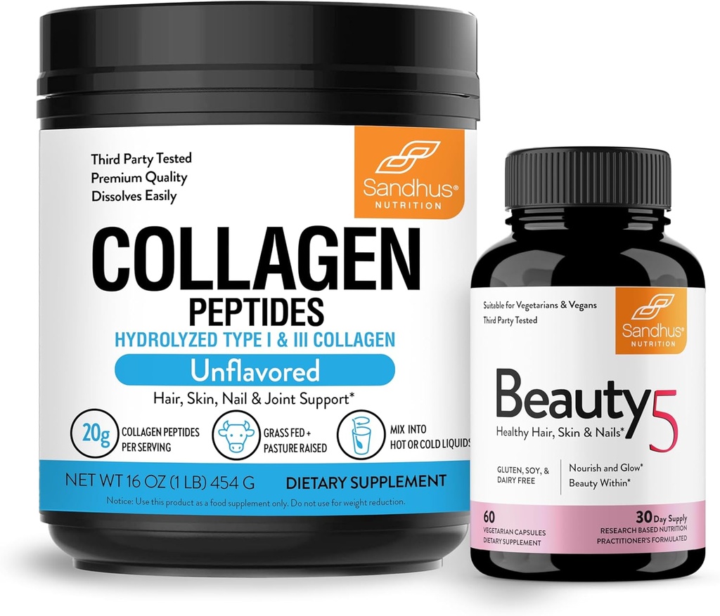 Sandhu's Grass-Fed Collagen Peptides Powder & Beauty 5 Capsules|피부 보조제|피부, 모발, 손톱 건강 증진