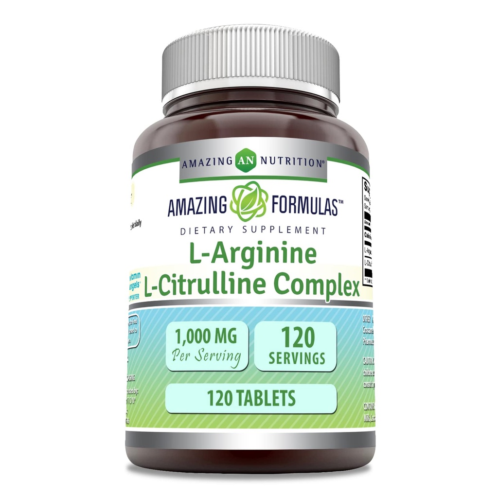 Amazing Formulas L-Arginine/L-Citrulline Complex 1000mg 120 정제 보충|비 GMO | 글루텐 무료 | 미국에서 제작
