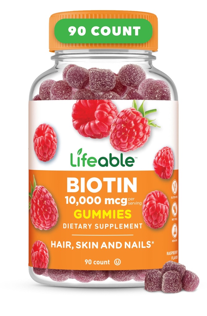 Lifeable Biotin Gummies | 10,000mcg | 그레이트 타스팅 헤어 스킨과 손톱 구미 | GMO-Free Vegan Biotin Supplement | 여성용 헤어 스킨과 손톱 비타민 | 90 Gummies