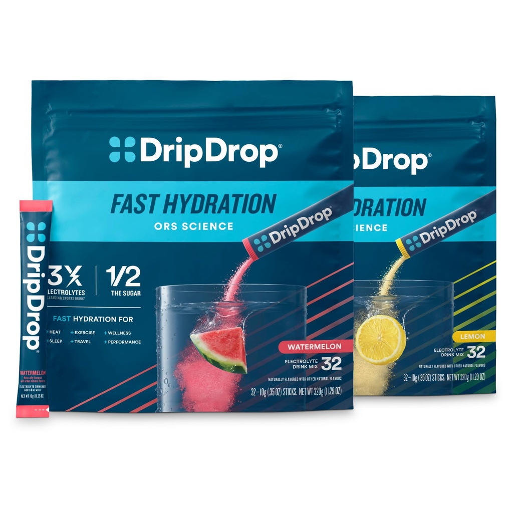 DripDrop Hydration - 전자 분말 패킷 - 수박 & 레몬 번들 - 64 개