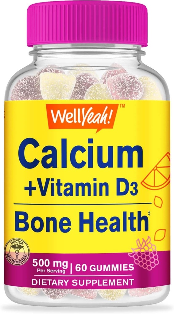 WellYeah 칼슘 500mg + 비타민 D3 1000 IU (25 mcg) Gummies - 뼈 건강 및 근육 공급, 면역 지원 거미, 비 GMO, 글루텐 무료, 혼합 과일 맛 - 60 구미