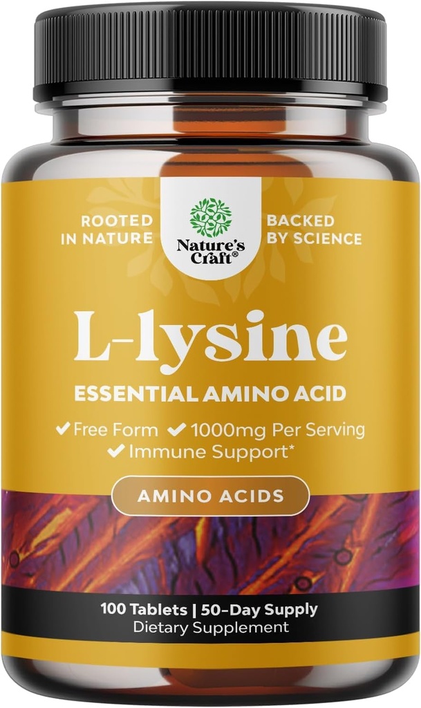 Nature Craft L-Lysine Free Form Capsules - Eye Health Lip Care Collagen Synthesis 및 Immune 지원을위한 고강도 L-Lysine 보충 - Essential Amino Acid - 1000mg / 서빙 - 100 카운트