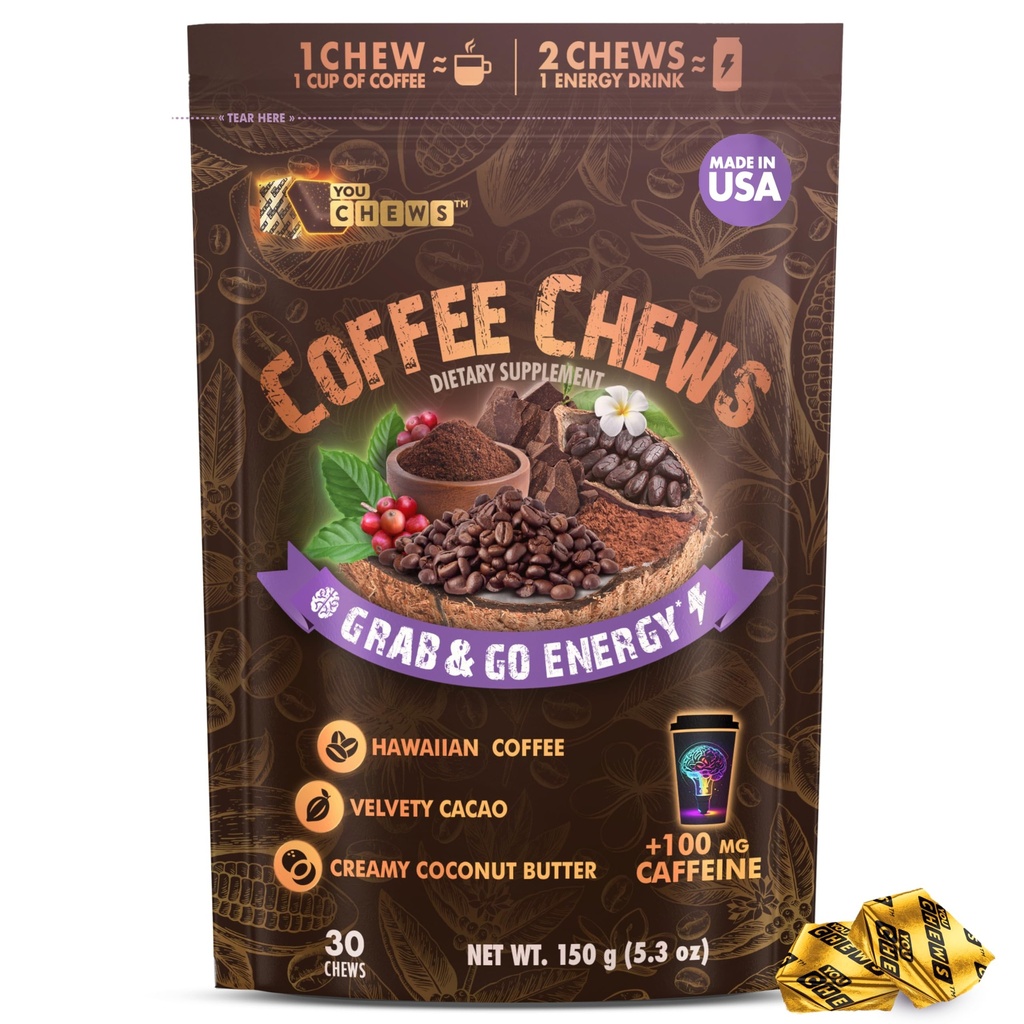 YouChews Coffee Chews - 깨끗 한, 녹색 카페인의 Chew 당 100mg의 Grab & Go Energy. 진짜 유기 성분으로, 낮은 설탕, 중대한 대담한 맛 & 긴 Lasting 에너지 부스트 (30 Chews 팩)