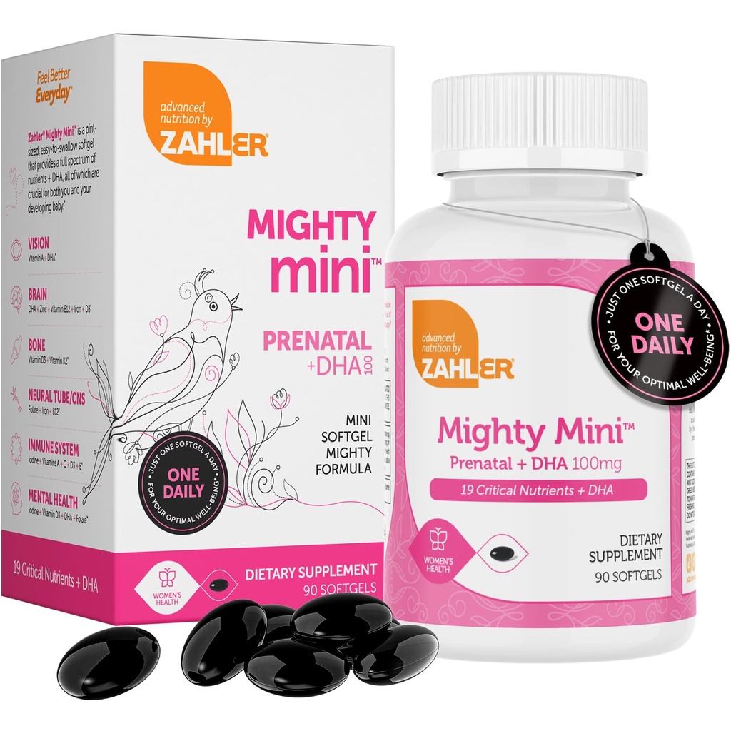 Zahler Mighty Mini Prenatal Vitamin with DHA & Folate - 인증 된 Kosher - 모든 자연 예비 비타민 - 임신 한 여성을위한 Multivitamin - Folic 산 (90 Softgels)을 포함한 19 Prenatal 비타민