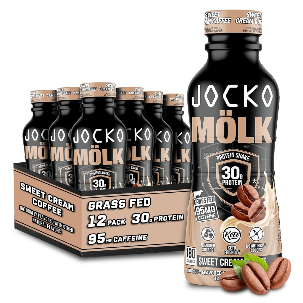Jocko Fuel Mölk 30g Grass Fed Protein Shakes - 추가 설탕 단백질 음료 KETO 친절 - 음료 준비 12 FL Oz (12 팩) 달콤한 크림 커피