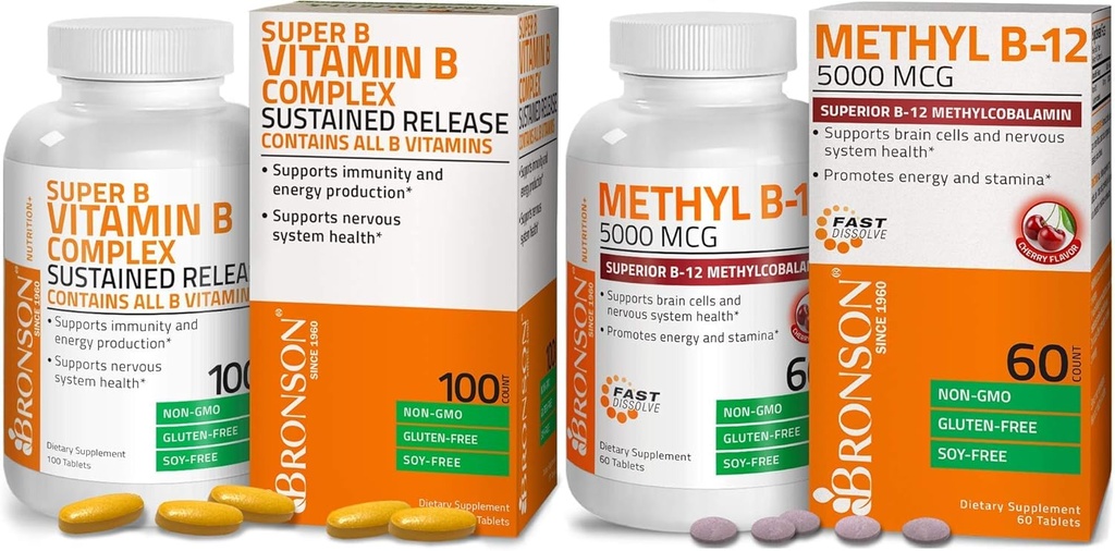 Bronson 메틸 B12 5000 mcg 비타민 B12 Methylcobalamin Lozenges + 최고 B 비타민 B 복합체는 느린 방출을 중단했습니다